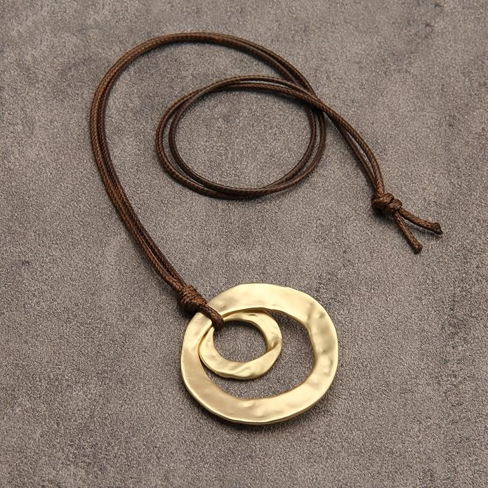 Long Boho Necklaces for Women Vintage Leather Wooden Pendant Y Choker Ethnic Style Gold Circle Hippie Sweater Necklace