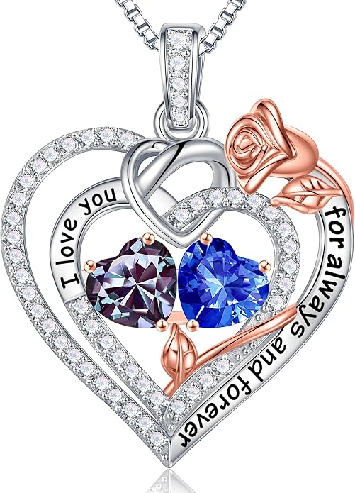 Iefil Rose Heart Necklace Gifts for Wife Women - 925 Sterling Silver Double Birthstone Necklace, Anniversary Birthday Gifts for Women, Jewelry Gift for Wife Girlfriend Mom Her