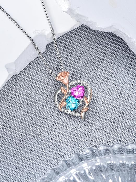 Christmas Gifts for Women Rose Heart Birthstone Pendant Necklace I Love You Forever Jewelry Valentine Mothers Day Birthday Gifts for Women Her Wife Girlfriend
