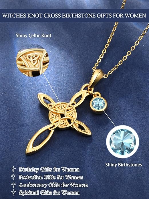 Witches Knot Necklace for Women, 14K Gold Celtic Knot Cross Jewelry with Triquetra Trinity with Birthstone Pendant, Birthday Witchy Spiritual Gifts for Her Wife Mom Grandma, 18+2 Inch Chain