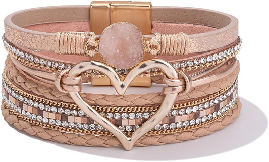 FANCY SHINY Heart Leather Wrap Bracelets Stackable Boho Cuff Bangles Trendy Resin Stone Rhinestone Bracelets with Magnetic Clasp for Women