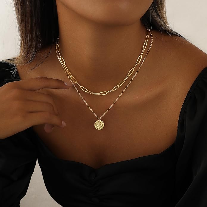Layered Necklaces for Women 14K Gold Plated Stack Circle Pendant Trendy Long Chain Stackable Handmade Coin Necklace Set Dainty Gold Stacked Jewelry Gifts