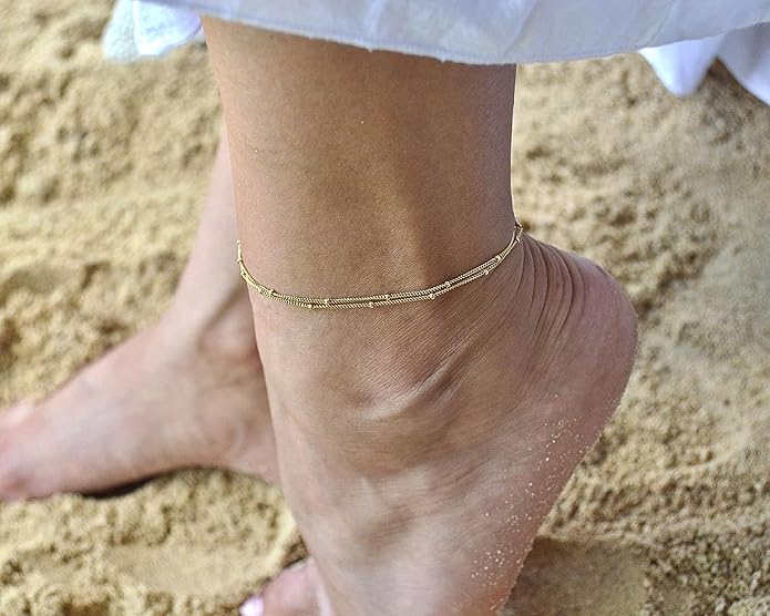 Pencros Dainty Layered Anklet,14K Gold Filled Cute Beads Satellite Chain Heart Boho Adjustable Anklets for Women