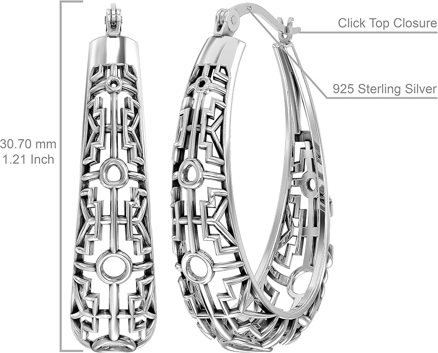 LeCalla 925 Sterling Silver Hoop Earrings for Women | Women's Filigree Hoop Earrings | Antique Oxidized Openwork Mesh Filigree Cut Earring Chunky Hoops | Hypoallergenic Vintage Filigree Oval Hoop Earrings for Women