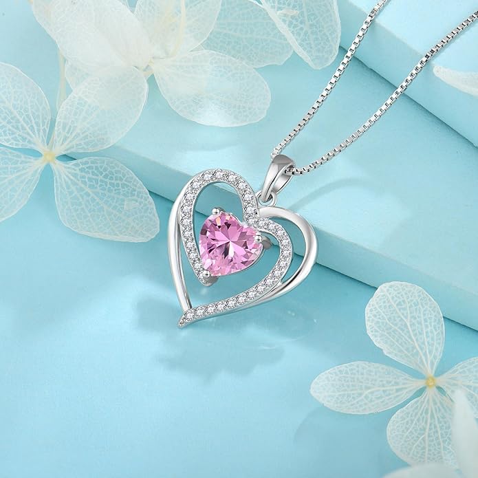 FJ Love Heart Necklace for Women 925 Sterling Silver Birthstone Pendant Anniversary Birthday Jewelry