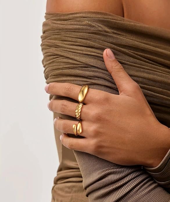 ZOERAY Chunky Gold Rings for Women Non Tarnish Trendy 14k Gold Plated Adjustable Signet Band Stackable Thumb Ring Set Open Twist Dome Statement Stacking Rings Jewelry Gifts for Women Size 5-10