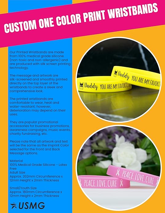 USMG Custom One Color Print Rubber Bracelets Silicone Wristbands - Add a Message - Personalized for Motivation, Events, Support, Fundraisers