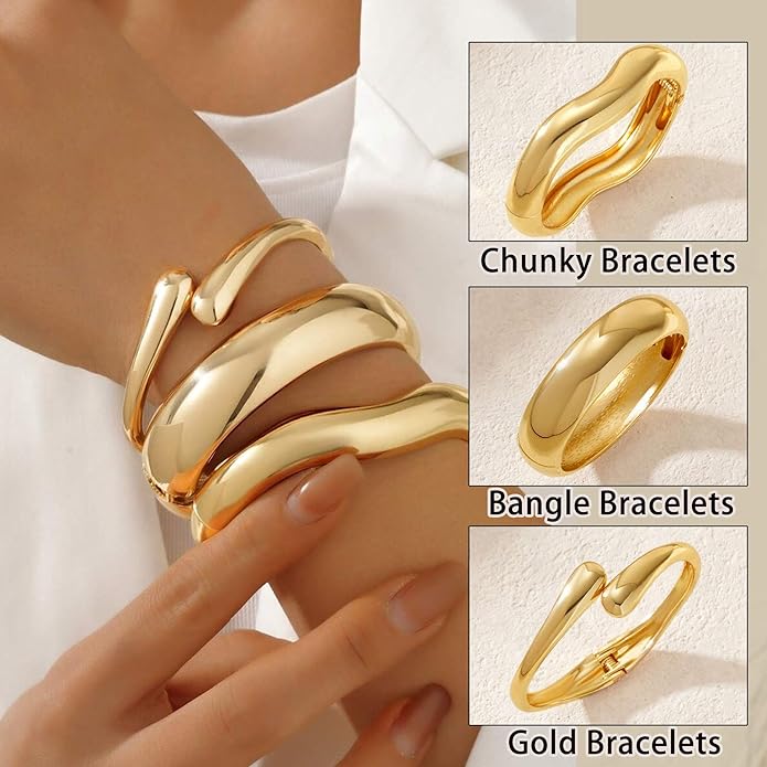 Chunky Gold Bangle Bracelets for Women, 14k Dainty Gold Cuff Stackable Bracelet Set, Trendy Bracelet Stack Fashion Jewelry Gifts
