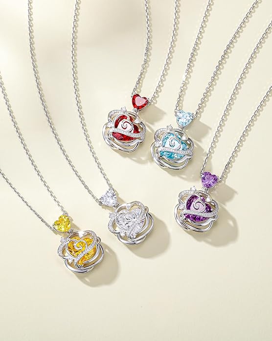 FANCIME Thornless Pulse Birthstone Necklace for Women Sterling Silver Rose Pendant Fine Jewelry Gemstone Birthday Valentines Day Gifts for Wife Her