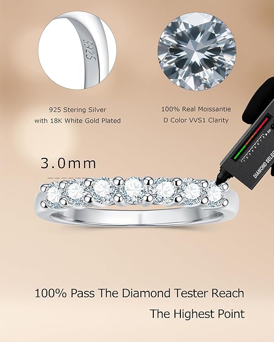 Moissanite Wedding Band Wedding Rings for Women D Color VVS1 Clarity, 925 Sterling Silver with 18K White Gold Plated Engagement Ring Anniversary Band Ideal Gift for Women Size 5~10