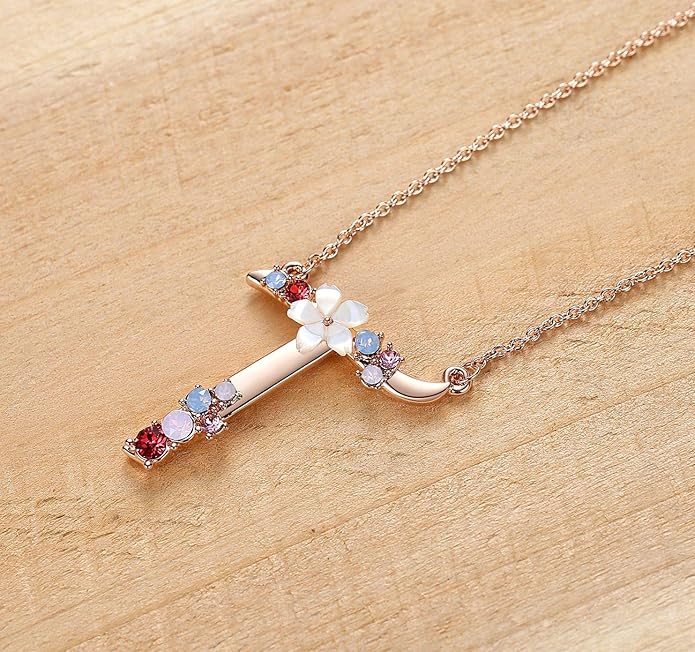 Flower Initial Letter Necklace Pink Red Blue Simulated Pearl Pendant Name Jewelry Made with Austrian Crystals Rose Gold Plated Anniversary Birthday Gifts for Women,18"+2"