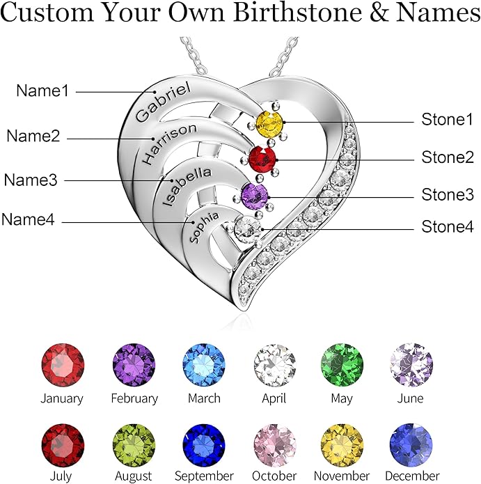 Easycosy Custom Name Necklace with Simulated Birthstones Customized Promise Necklace Heart Pendant with Engraved 2-6 Names - Anniversary Birthday Christmas Jewelry Gifts for Women Wife Mom Grandma