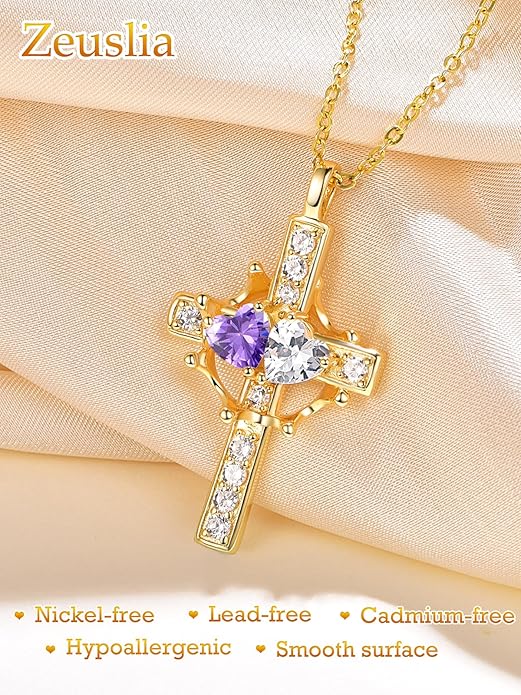 Zeuslia Double Birthstone Necklace Gifts for Wife - 925 Sterling Silver Sunflower/Rose/Crown Cross/Compass/Heart Pendant I Love You Necklace, Anniversary Birthday Gifts for Wife Girlfriend Mom Her