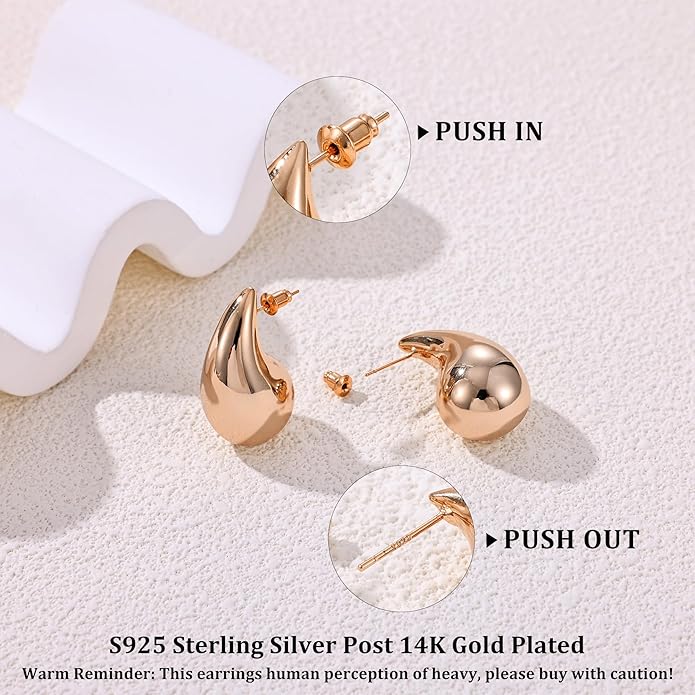 Gacimy Teardrop Earrings Dupes for Women 14K Gold Plated, Chunky Drop Earrings for Women with 925 Sterling Silver Post
