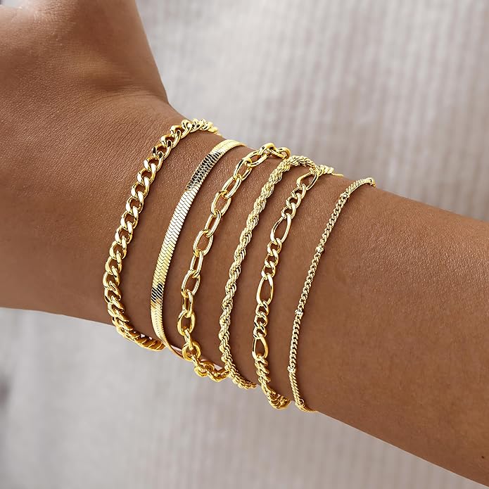 Gold Bracelets for Women Trendy,14K Gold Plated Dainty Stackable Paperclip Cuban Link Chain Bracelets, Simple Cute Cuff Bracelets Jewelry Set Adjustable 7"+2"