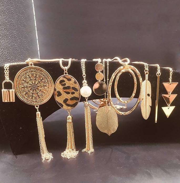 10Pcs Long Pendant Necklace Simple Moon Bar Three Triangle Tassel Lock Sweater Y Shape Punk Chain Choker Necklace for Women Men Gold Silver Plated