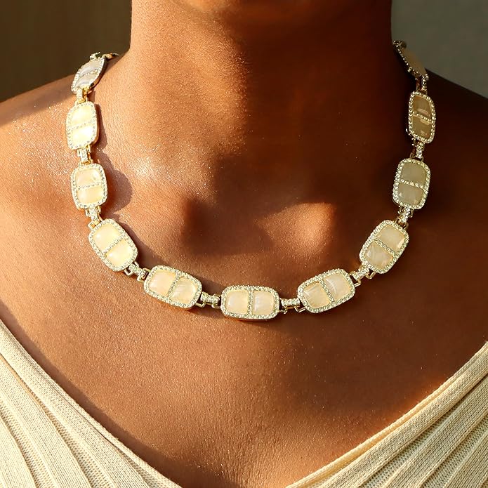 Chunky Necklace for Women 12 Colors Diamond Stone Gold Statement Necklace for Women Full Trendy Blue Birthstone Choker Necklace for Women Square Design Necklace Jewelry