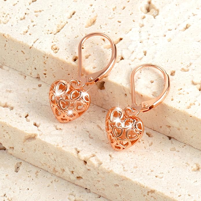 925 Sterling Silver 14K Gold French Style Leverback Earrings, Heart Dangle Drop Earrings for Women Hypoallergenic Jewelry