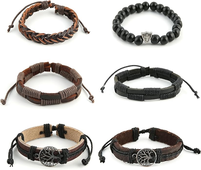 HZMAN Genuine Leather Tree of life Bracelets Men Women, Tiger Eye Natural Stone Lava Rock Beads Ethnic Tribal Elastic Bracelets Wristbands
