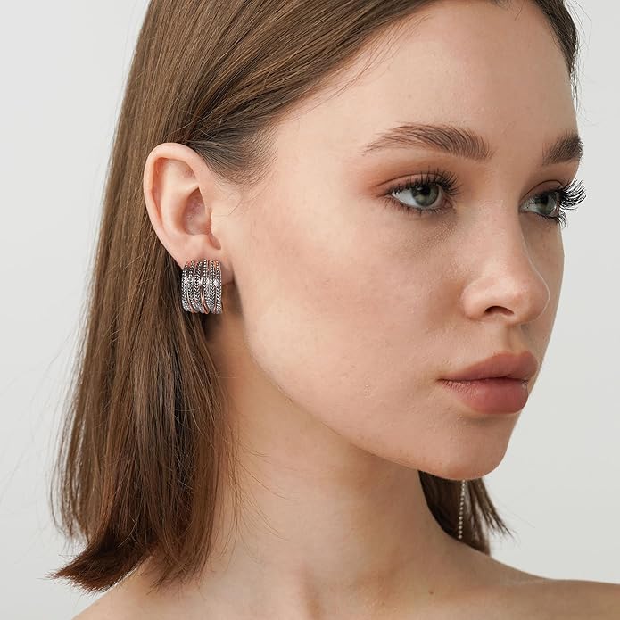 Two Tone Earrings for Women Gold and Silver Crossover Half Hoop Statement Earring Designer Stud Earrings