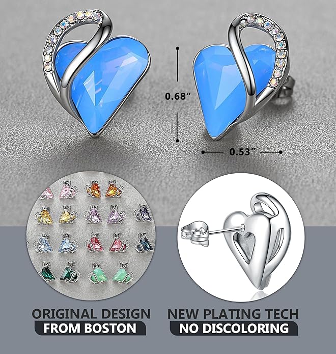 Earrings for Women, Mothers Day Gift for Mom, Heart Birthstone Crystal Stud Earring, Silver Plated Birthday Jewelry