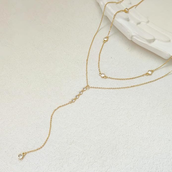 Zeffy Lariat Gold Necklace for Women, Dainty Long Necklace 14k Gold/Silver Plated Layered CZ Beaded Bar Chain Y-Shaped Body Chain Stack Drop Wedding Necklace Trendy Simple Gold Jewelry Gifts