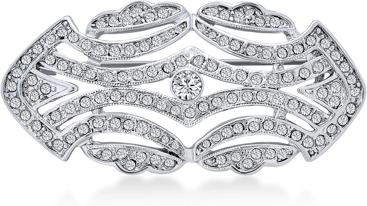Statement Large Pave Wedding Bridal Crystal Fashion Gatsby Vintage Art Deco Style Scarf Brooch Pin For Women Silver Plated Brass