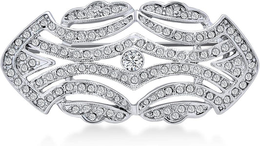Statement Large Pave Wedding Bridal Crystal Fashion Gatsby Vintage Art Deco Style Scarf Brooch Pin For Women Silver Plated Brass