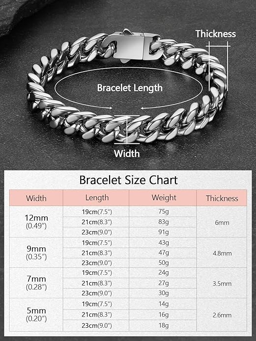 FaithHeart Mens Stainless Steel Cuban Link Bracelet - 5/7/9/12mm Width 7.5"/8.3"/9" Black/Silver/Gold Plated Heavy Duty Wrist Chain Bracelet Hip Hop Jewelry Birthday Gifts for Him