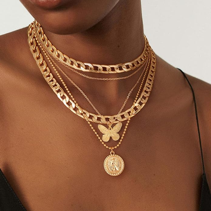MJartoria Layered Necklaces for Women Trendy Retro Coin Pendant Necklace Dainty Chunky Chain Choker Necklaces for Jewelry Birthday Gifts