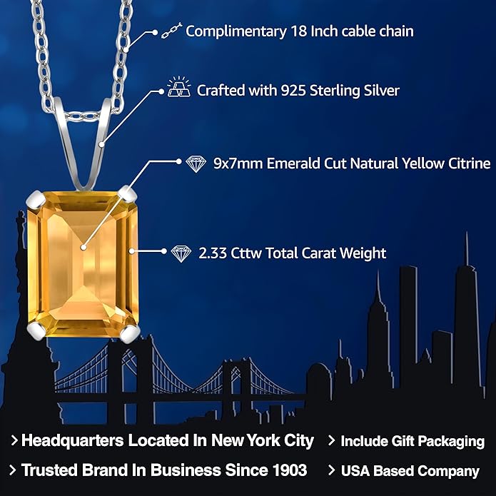 Gem Stone King Emerald Cut Pendant Necklace For Women | 925 Sterling Silver | Emerald Cut 9X7MM | Gemstone Birthstone | Fine Jewelry for Her Mom Wife | With 18 Inch Silver Chain