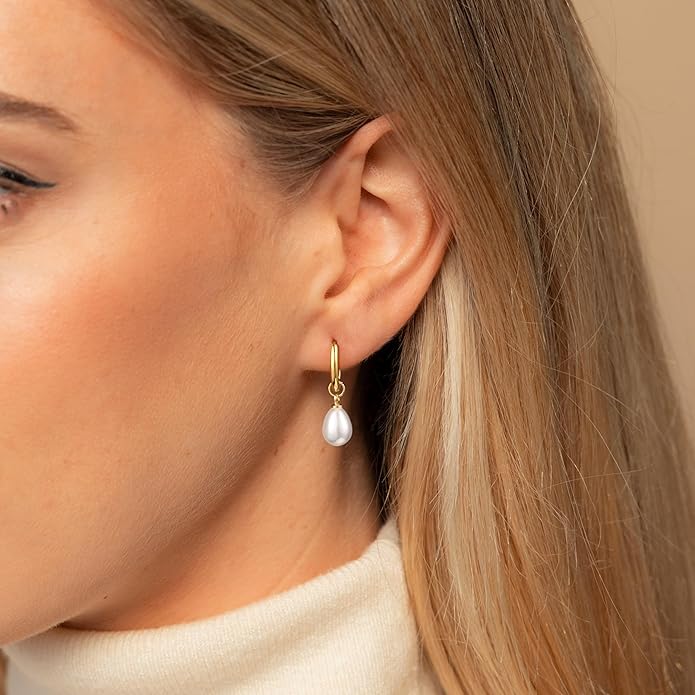 14K Gold Plated Pearl Dangle Earrings for Women, Small Pearl Drop Huggie Hoop Earrings, Hypoallergenic Dainty Gold Wedding Earrings Jewelry Gifts for Women Trendy