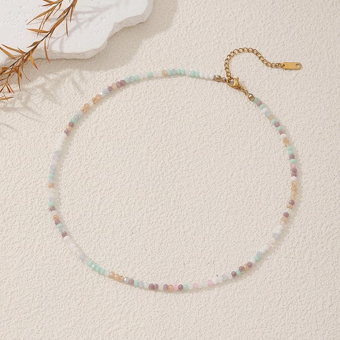 JSJOY Tiny Crystal Beaded Choker Necklaces for Women Colorful Beaded Necklace Dainty Choker Necklaces Simple Boho Jewelry Gifts for Teens Handmade Bead Necklaces Gifts