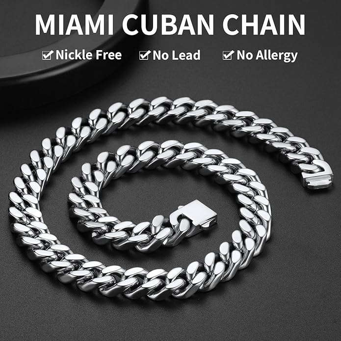 ChainsHouse Stainless Steel Mens Cuban Link Chain, Black/ 18K Gold Plated Miami Cuban Chain Necklace, 5mm/7mm/9mm/12mm/14mm Width, No Tarnish& Durable Hip Hop Mens Jewelry, 18"-30", Send Gift Box