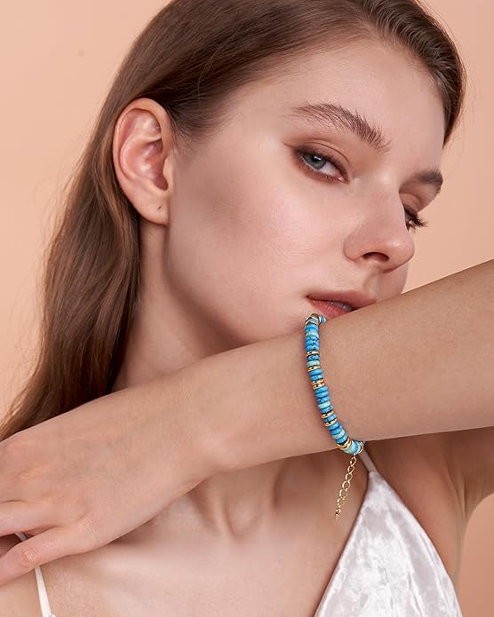 Colorful 18K Gold Plated Bracelets for Women, Stack Bangle Beaded Stone Jewelry Accessories Set for Woman, Trendy Fashion Jewelry Gifts