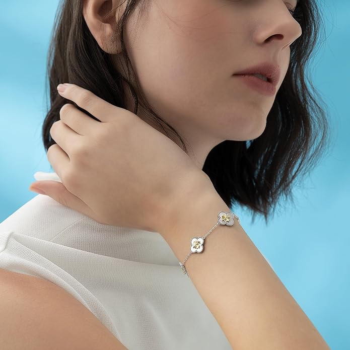 Fydesta 18K Gold Plated Clover Bracelet, Mother of Pearl Four Leaf Flower Bracelet for Women, 6.9" + 2" Adjustable Bracelet, Cross Motif, Gold or Silver Tone