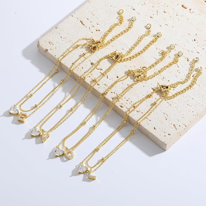 CAROVO Gold Ankle Bracelets for Women Waterproof 14K Real Gold Plated CZ Initial Anklet for Women Dainty Layered Letter A-Z Heart Ankle Bracelets Handmade Adjustable Anklet Summer Beach Jewelry