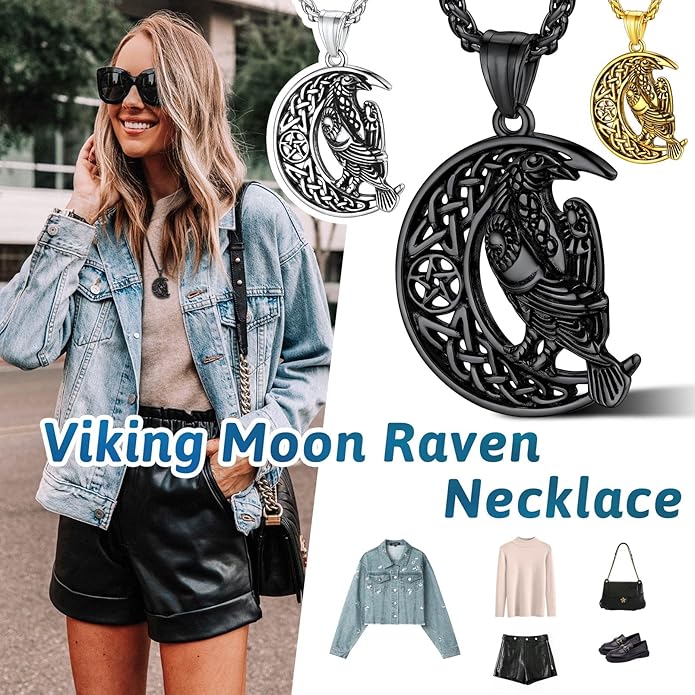FaithHeart Viking Raven Necklace for Men, Norse Mythology Raven Skull Pendant Sturdy Stainless Steel Amulet Jewelry Gift for Men