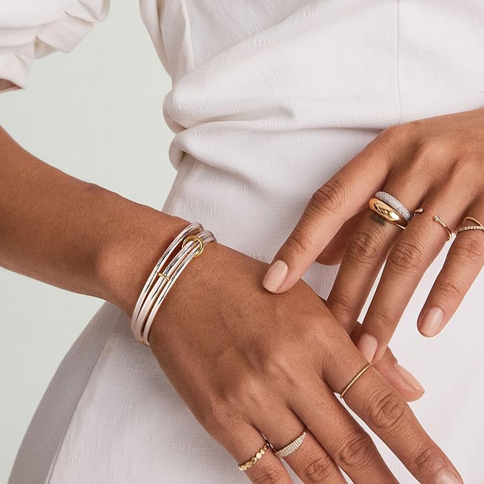 NOKMIT Triple Interlocked Stackable Bangle Bracelets for Women 3-Pack Two-Tone High Polished Stainless Steel Bangle Set Classic Plain Thin Non-Tarnish Gold&Silver