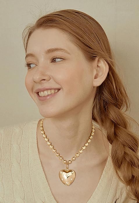 CLASSYZINT Gold Heart Pendant Necklace for Women Puffy Heart Necklace Beads Chain Necklace Statement Necklace Trendy Jewelry