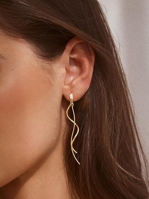 Moodear Dangle Earrings 14K Gold Plated Chain Earrings for Women Trendy Dainty Hypoallergenic Long Chain Drop Tassel CZ/Pearl Earrings Wedding Jewelry Gift
