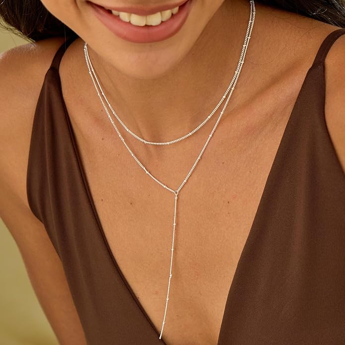 Lariat Necklace for Women, Dainty 14K Gold/Silver Plated Long Necklaces for Women Trendy Simple Layered Y-Shaped Drop Pendant Necklace Adjustable Gold Jewelry Gifts For Her Christmas Stocking Stuffer
