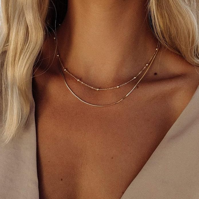Freekiss Herringbone Necklace for Women,Dainty Gold Necklace,14k Gold Plated Snake,Gold Chain Choker Necklaces,Simple Gold Layered Necklaces,Gold Jewelry Gift for Women