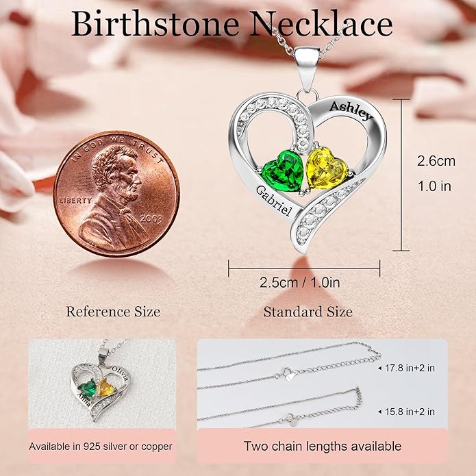 Easycosy Custom Name Necklace with Simulated Birthstones Customized Promise Necklace Heart Pendant with Engraved 2-6 Names - Anniversary Birthday Christmas Jewelry Gifts for Women Wife Mom Grandma