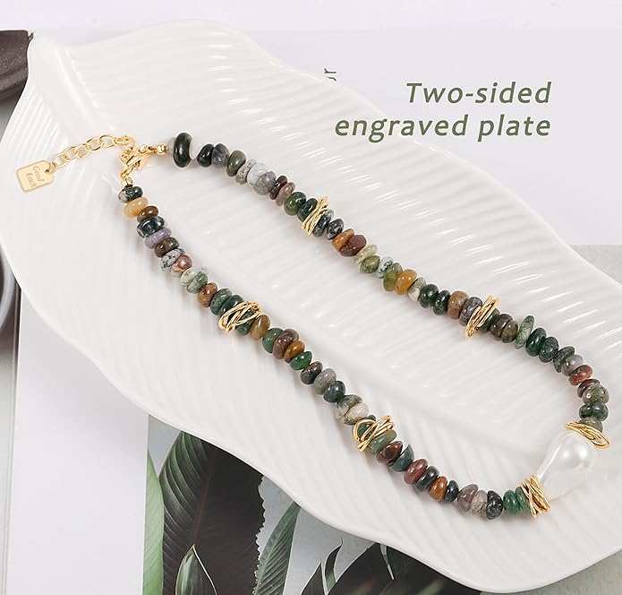 Chunky Statement Stone Beaded Necklace, Big Baroque Pearl Gold Choker, Trendy Boho Colorful Stone Jewelry