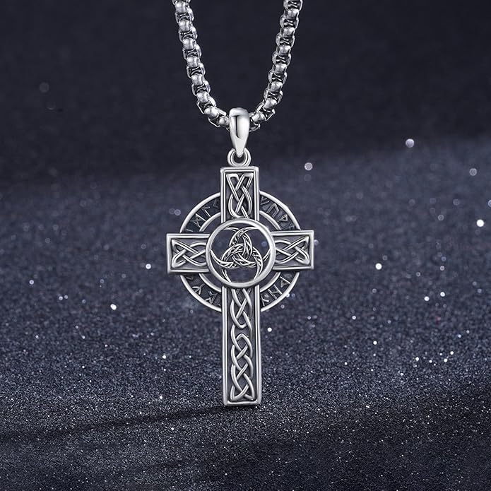 Midir&Etain Celtic Cross Necklace 925 Sterling Silver Cross Pendant Necklace Celtic Viking Irish Jewelry Religious Protective Gift for Men Women