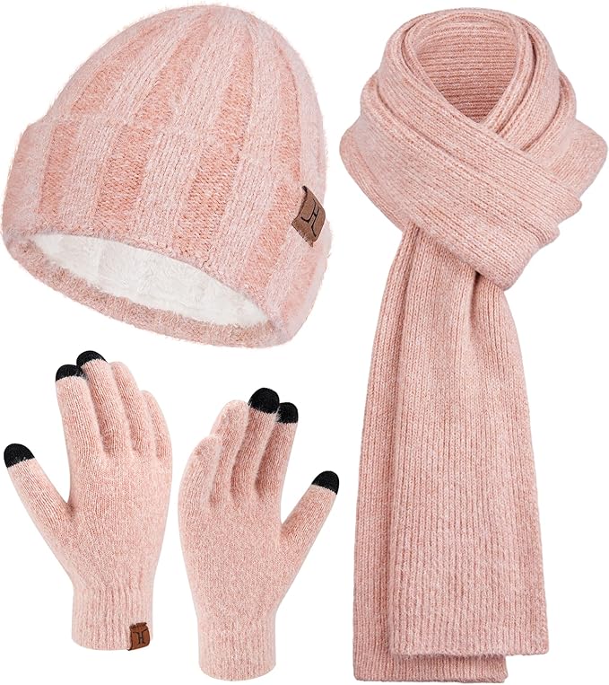 Womens Winter Warm Knit Beanie Hat Touchscreen Gloves Long Neck Scarf Set with Fleece Lined Skull Caps Gifts for Women