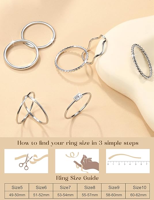 THUNARAZ 8Pcs Stackable Rings for Women Non Tarnish 14K Gold Plated Stainless Steel Dainty Rings Set Minimalist Thin Thumb Ring Cubic Zirconia Wave Statement Ring Bands for Women Size 5-10