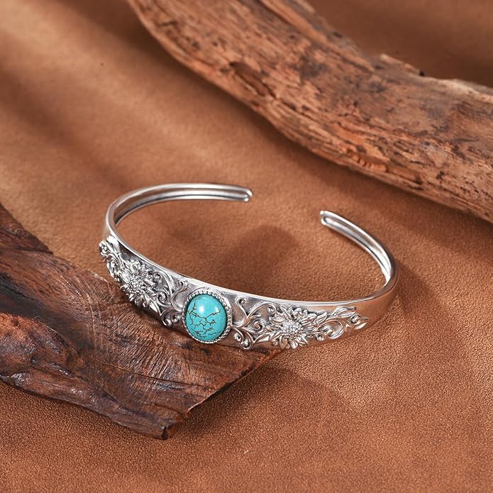 Genuine Turquoise Cuff Bracelet for Women, 925 Sterling Silver Adjustable Sunflower Bangle, Vintage Carved Boho Jewelry Gift for Christmas or Birthday
