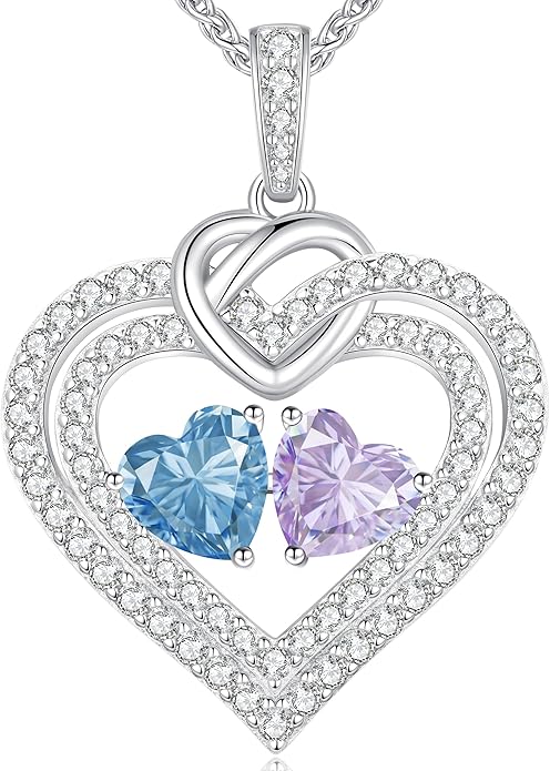 LOUISA SECRET Sparkling Double Heart Birthstone Necklaces for Women, 925 Sterling Silver Fine Jewelry, Pendant Heart Necklaces Birthday Anniversary Christmas Gift for Women Wife Mom Girlfriend Lady